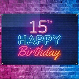 Glow Neon 15th Birthday Photo Backdrop Banner and Colorful Glow Light Balloons